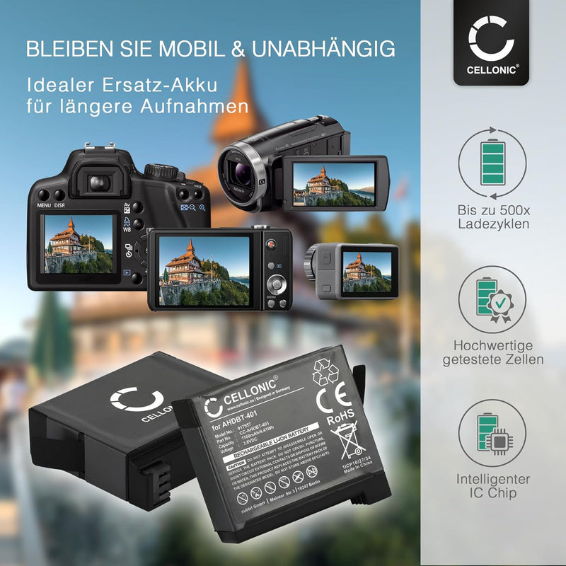 CELLONIC 2X Kamera Ersatzakku AHDBT-401 335-06532-000 für GoPro Hero 4 Hero 4 Black Hero 4 Plus Hero