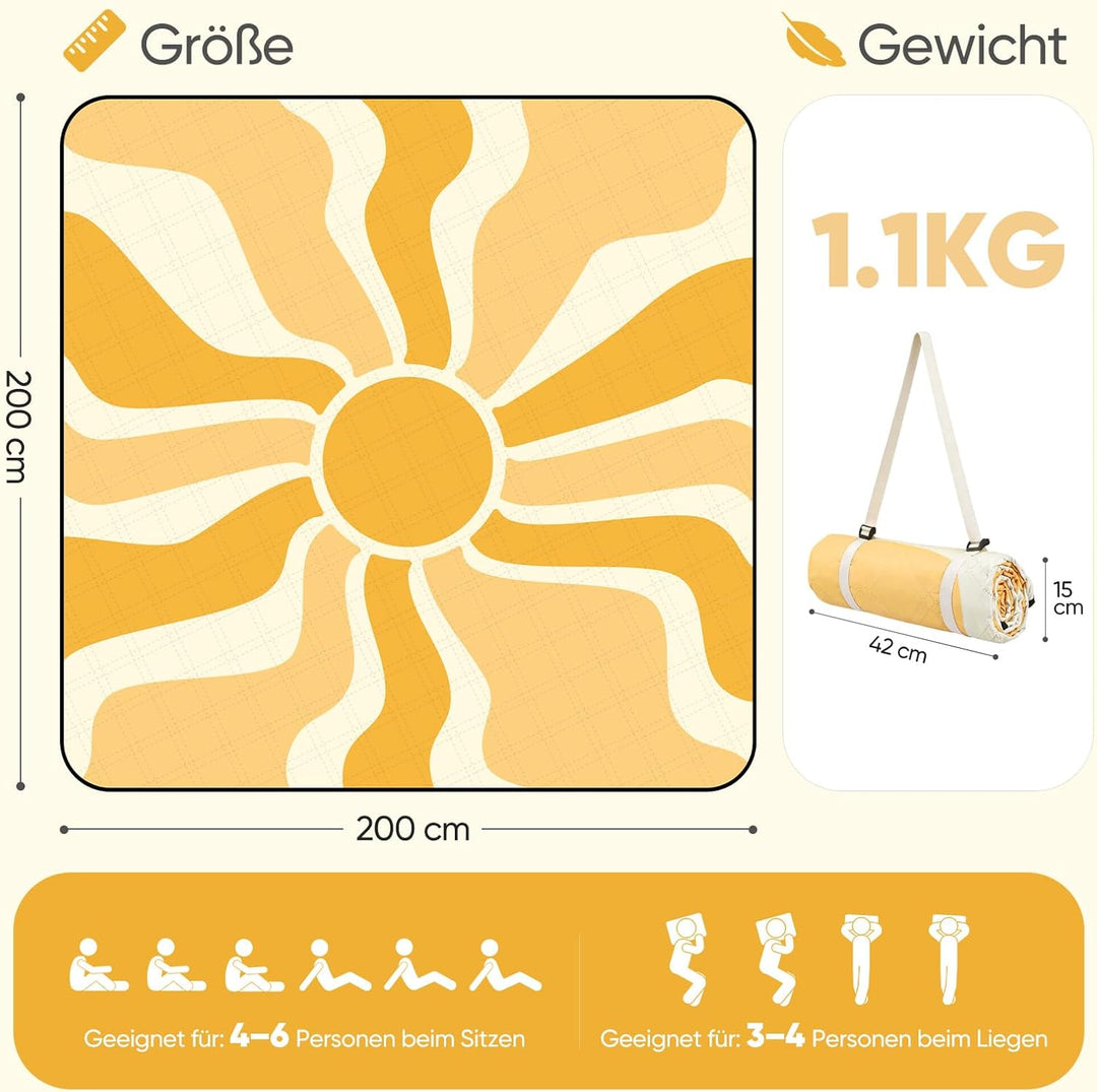 Sekey Picknickdecke Wasserdicht 200x200 cm, Stranddecke Sandfrei | Gepolstert, Dreischichtige Strukt