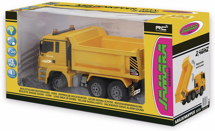 JAMARA 405002 - Muldenkipper Man 1:20 2,4G - Kippmulde hoch/runter, realistischer Motorsound, Hupe,