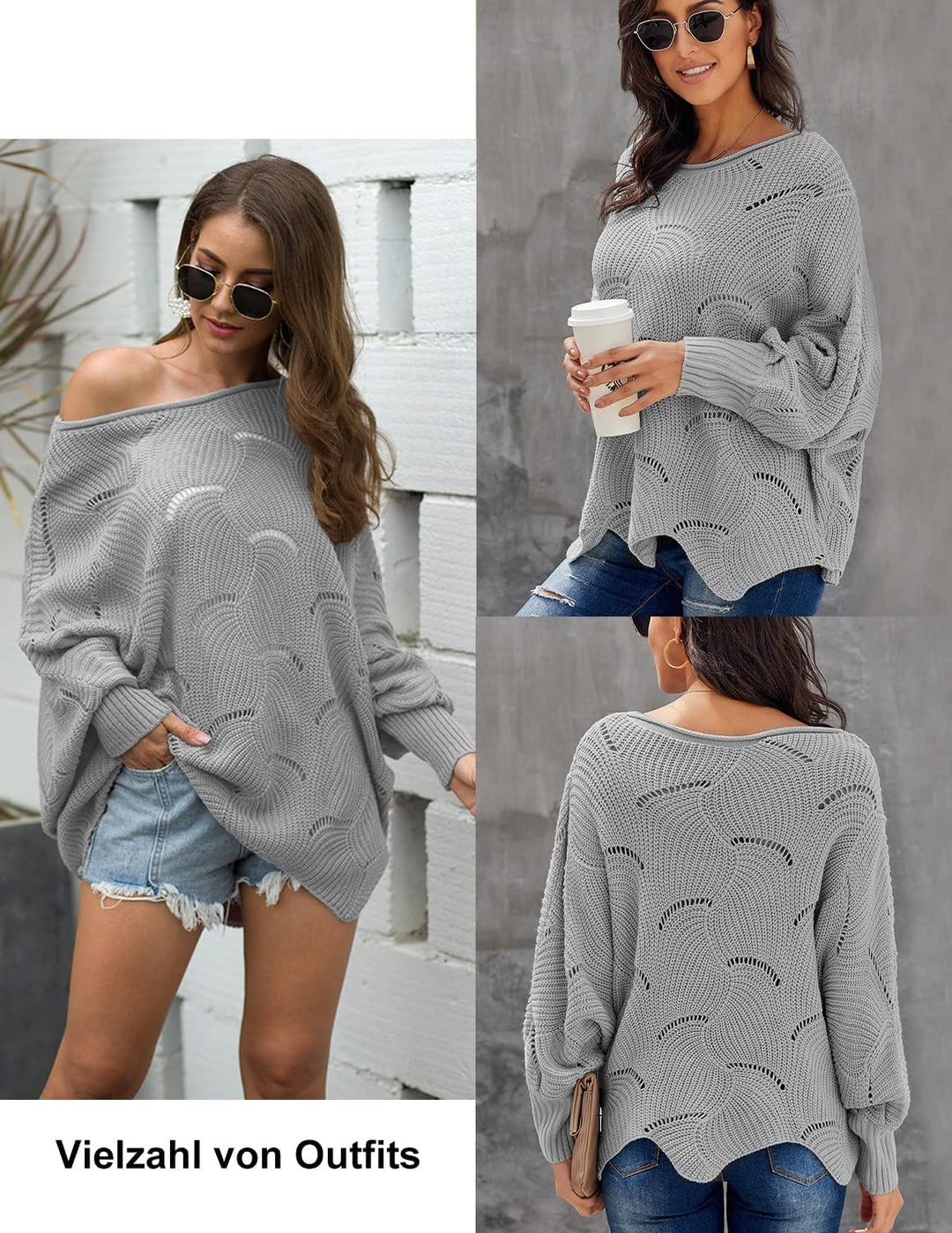 QUNERY Strickpullover Damen Winterpullover Knitted Rundhals Lose Pulli Damen Oversize Fledermausärme