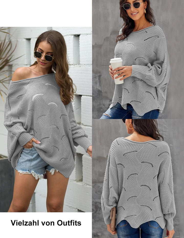 QUNERY Strickpullover Damen Winterpullover Knitted Rundhals Lose Pulli Damen Oversize Fledermausärme