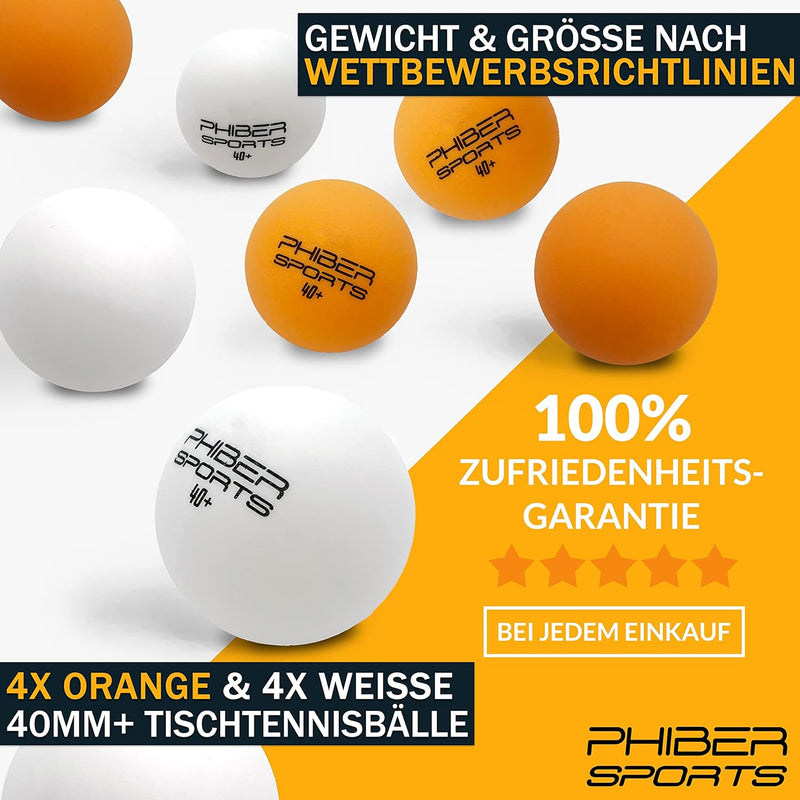 PHIBER-SPORTS Tischtennis Set mit 4 Tischtennisschläger + 8 Tischtennisbälle + Praktische Tragetasch