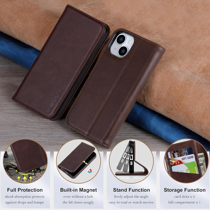 VISOUL Hülle für iPhone 15, Schutzhülle [Echt Leder] [Schützt vor Stoss] [Kartenfach] [Magnetverschl