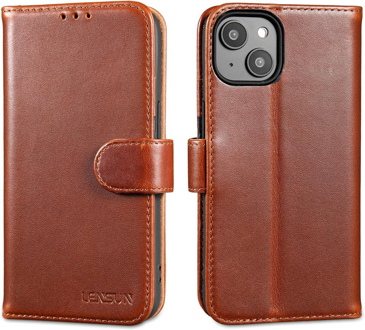 LENSUN Echtleder Hülle für iPhone 14, Leder Handyhülle [Kartenfach][Magnetverschluss][RFID Schutz] H