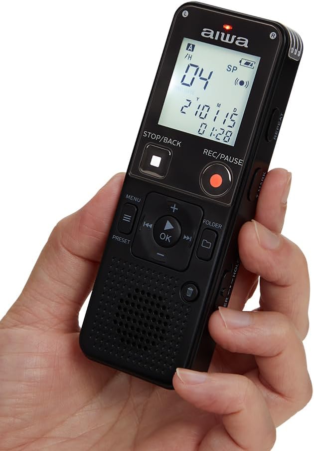 AIWA DVR-A600 Digitales Diktiergerät mit Stereo-Mikrofon und integriertem 16 GB Speicher, Schwarz