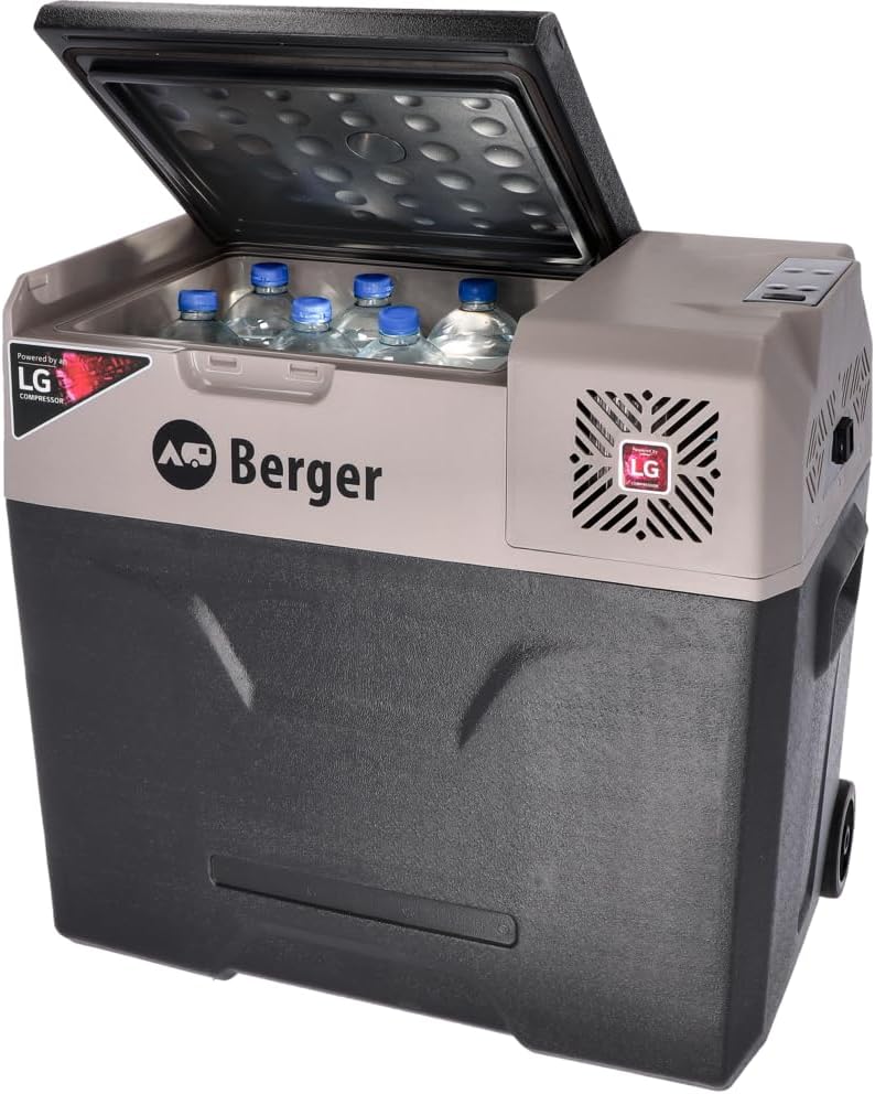 BERGER Kompressor Kühlbox B50-T 49 L │ 12V, 24V, 230V Stecker │ Elektrische Auto Kühlbox mit Rollen