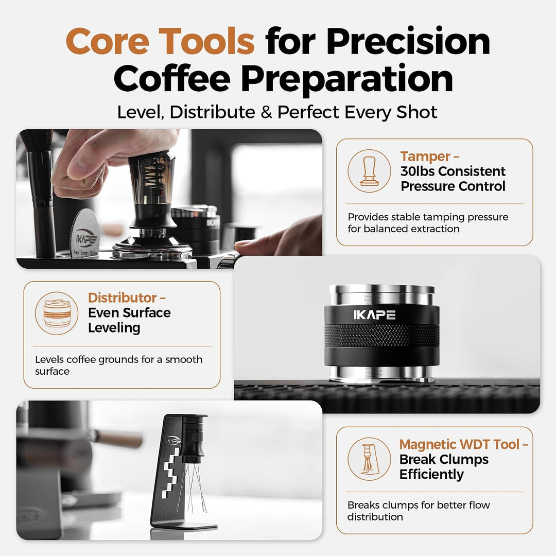 IKAPE 58 mm Espresso-Werkzeugset, schwarz, 8-in-1: Kaffeetamper, Verteiler, Magnettrichter, Pucksieb