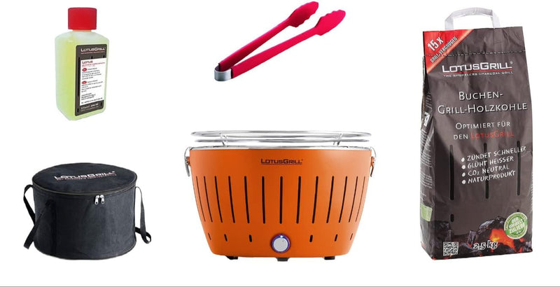 LotusGrill Starter-Set Classic 1x Grill Mandarinenorange mit USB-Anschluss, 1x Buchenholzkohle 2,5 k