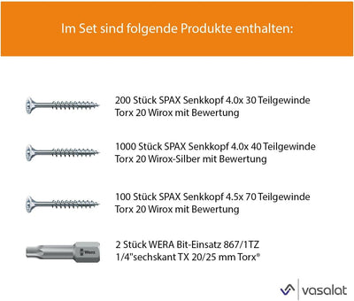 Spax Holzschrauben-SET Teilgewinde + Torx Bit | 3 Grössen: 4x30; 4x40; 4,5x70 | WIRROX Silber 3 Grös