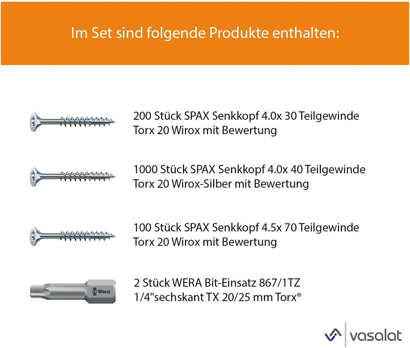 Spax Holzschrauben-SET Teilgewinde + Torx Bit | 3 Grössen: 4x30; 4x40; 4,5x70 | WIRROX Silber 3 Grös