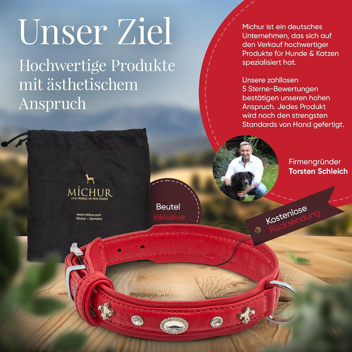 MICHUR Julieta Hundehalsband Leder, Lederhalsband Hund, Halsband, Rot, Leder, mit Lilien, Strassstei