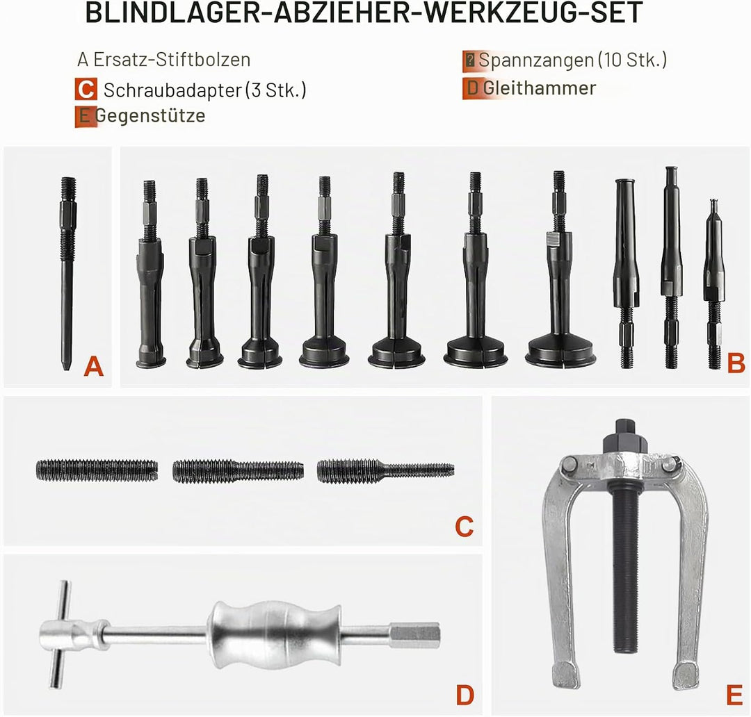 FreeTec 16 tlg Innenlager Abzieher Grundloch Lagerabzieher Werkzeug mit Gleithammer Satz (Rot), Rot