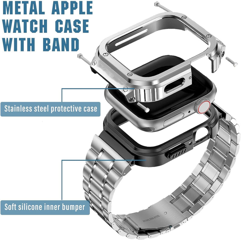 MioHHR Metallbänder mit Gehäuse kompatibel für Apple Watch Band 40/41 mm, stossfestes Edelstahlgehäu