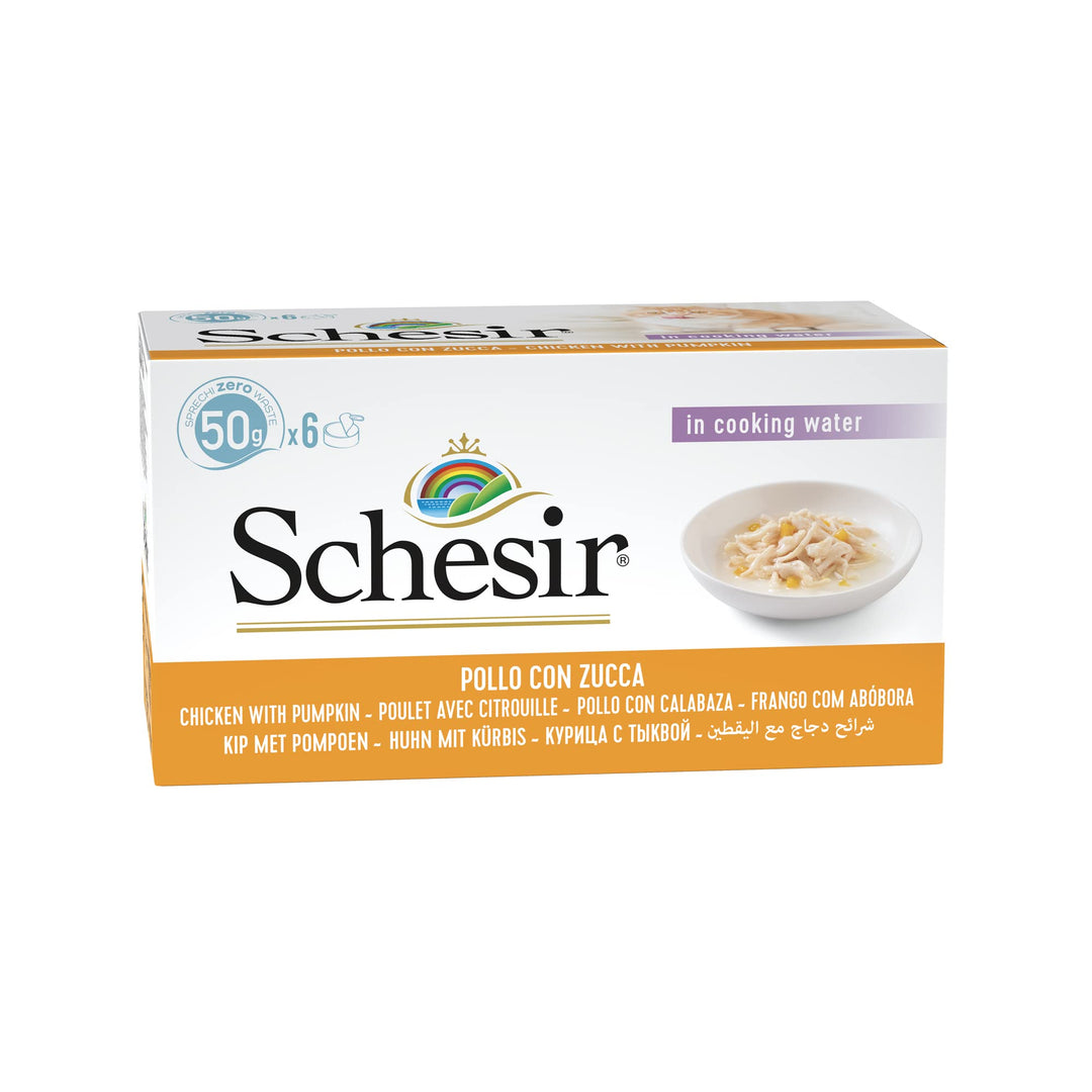 Schesir Cat Natural Hühnerfilet mit Kürbis, Katzenfutter nass im eigenen Saft, 8 x 6 Dosen x 50 g Na
