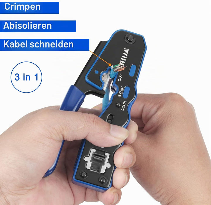 Hiija RJ45 Crimpzange, RJ45 Crimpwerkzeug Durchgang Cat5 Cat5e Cat6 Crimpwerkzeug-Set für RJ45 regul