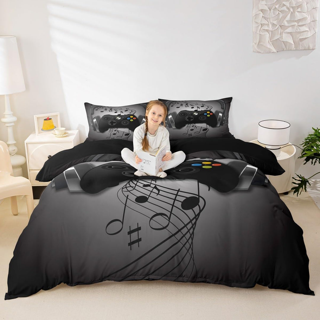 Spieler Bettbezug Schwarz Grau Kopfhörer Musikalisches Spiele Gamepad Trösterbezug für Kinder Jungen