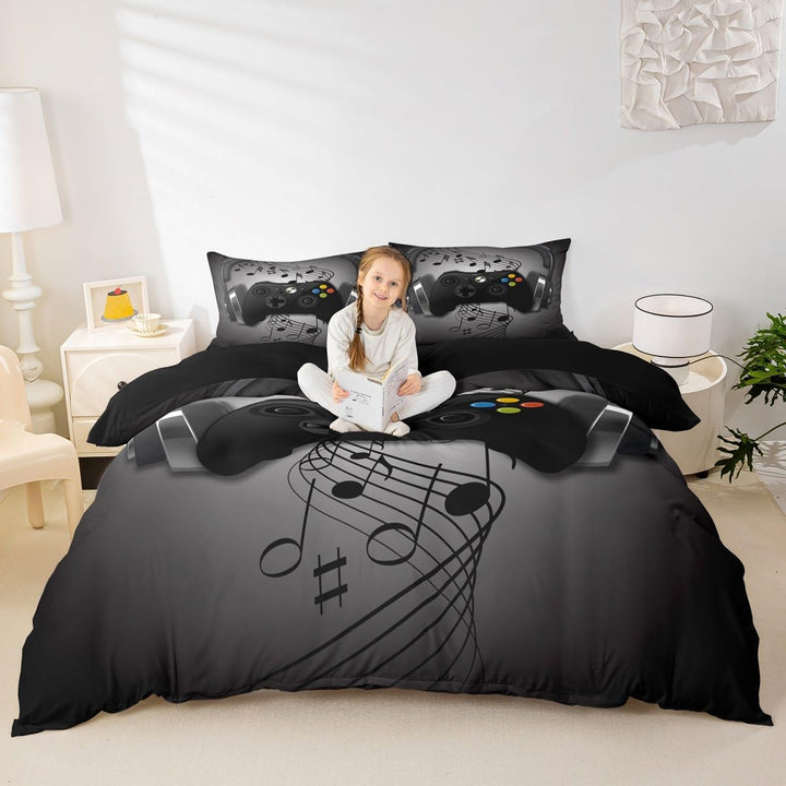 Spieler Bettbezug Schwarz Grau Kopfhörer Musikalisches Spiele Gamepad Trösterbezug für Kinder Jungen