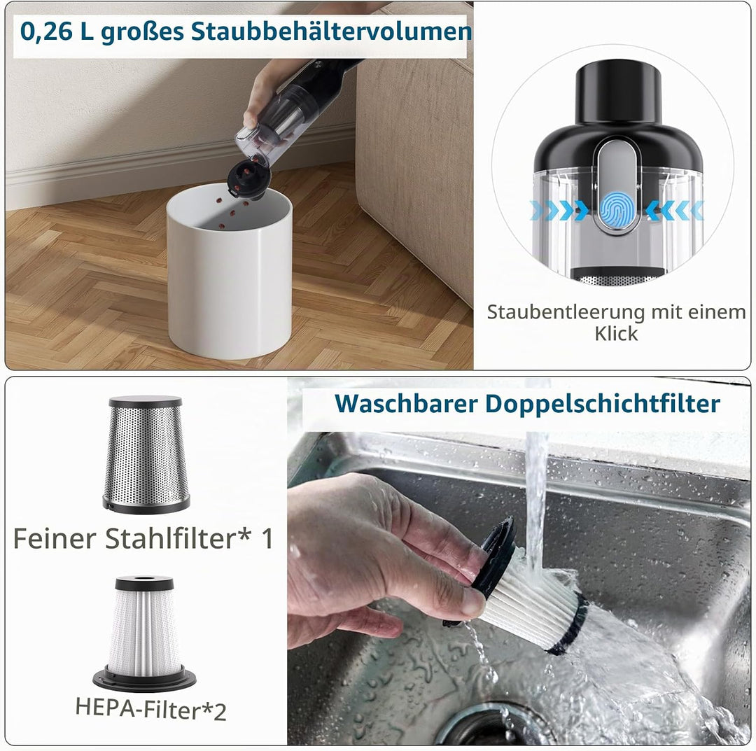 Handstaubsauger, 22000Pa Auto-Staubsauger, Mini Staubsauger mit Waschbar HEPA-Filter, USB-Akku Sauge