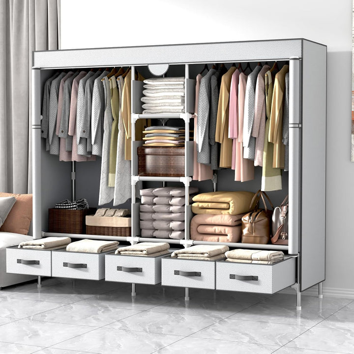 Kleiderschrank,Schlafzimmer Stoffschrank,Kleiderstander mit Schubladen,Faltbar Garderobe mit 2 Kleid