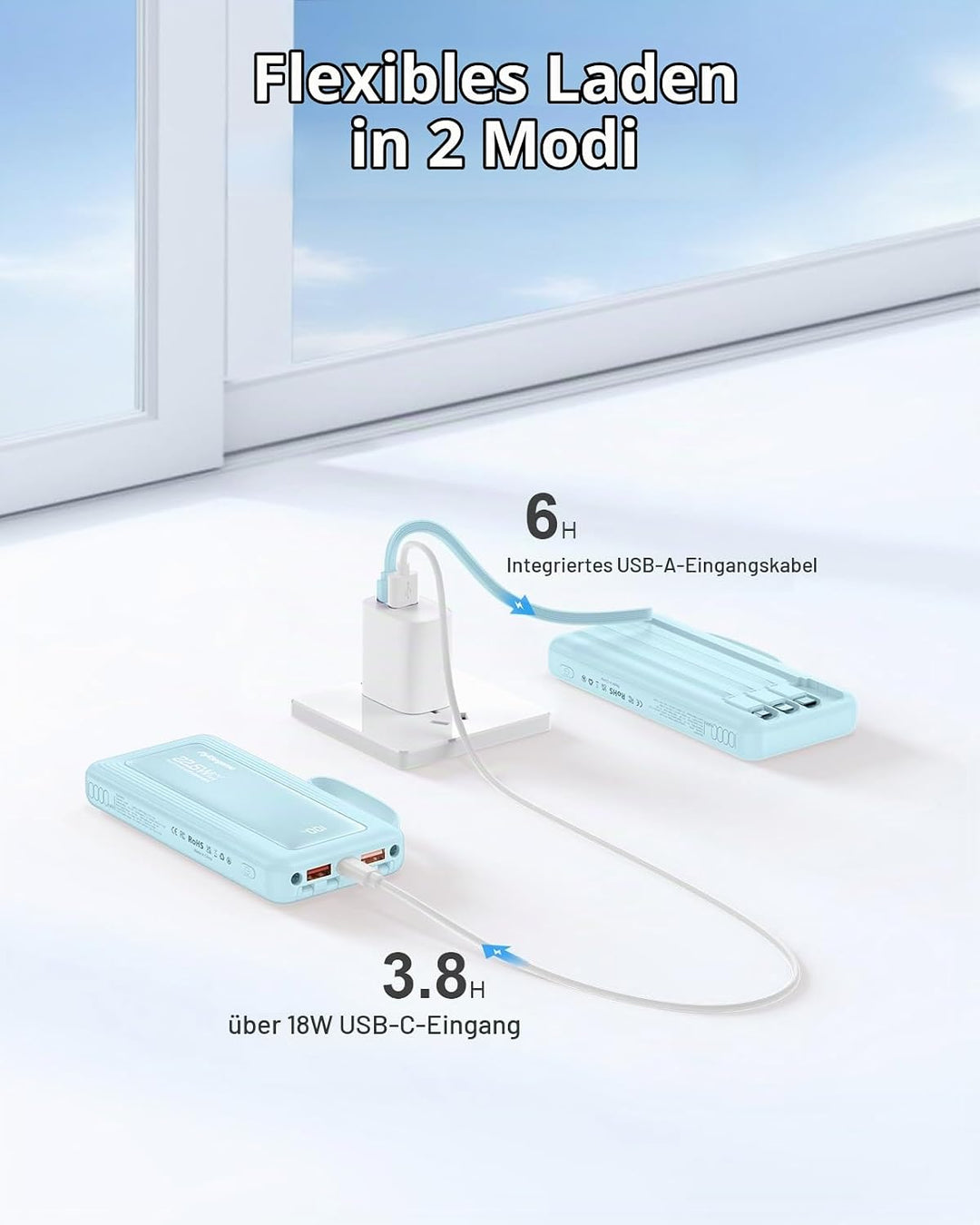 Powerbank mit integrierten Kabeln, 10000mAh, 22,5W Schnellladefunktion, USB-C LED-Anzeige, tragbares
