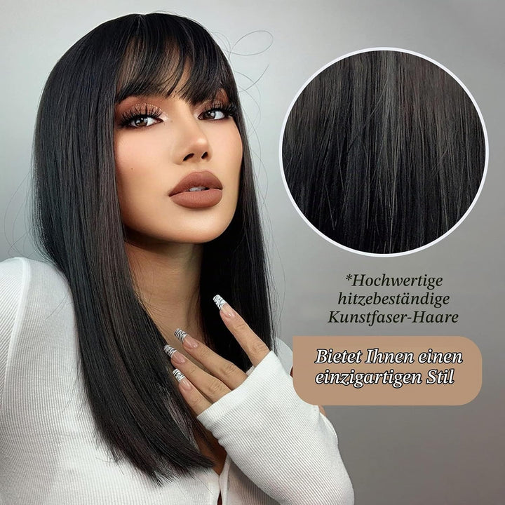 HAIRCUBE Schulterlang Gerade Kurze Perücken Schwarze Perücke Synthetische Perücken mit Pony Welle Ha