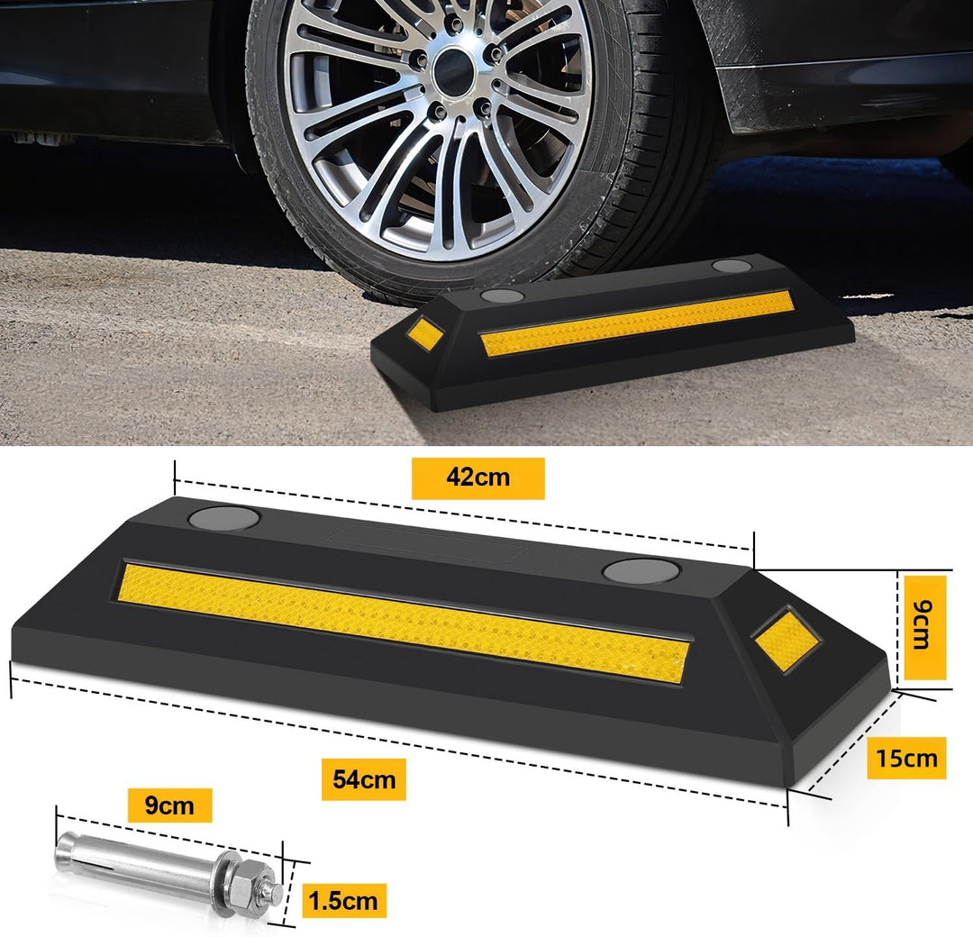 Sonnewelt 2 x Gummi Radstopper, 54x15x10cm Parkplatzbegrenzung, Parkplatzsperre mit Gelb Reflektiere