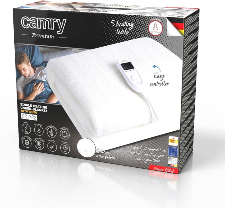 Camry CR-7422 Elektrische Bettheizung, 85 W, 8 Temperaturstufen, Timer, waschbar, 160 x 100 cm, Über