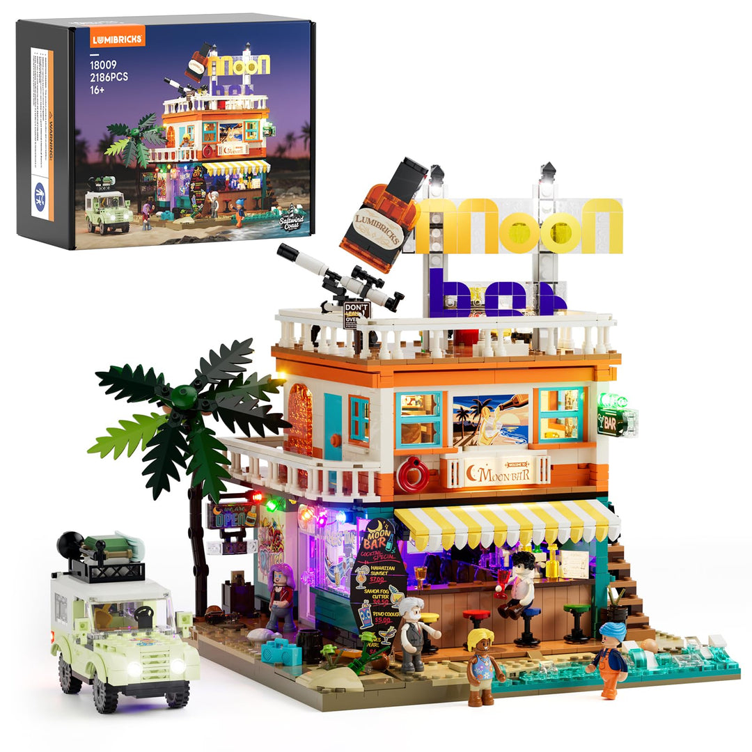 Lumibricks Road Trip Moon Bar Bausatz, 2186 Teile Küsten-Tavernen-Modell mit LED-Licht-Set, 5 Minifi
