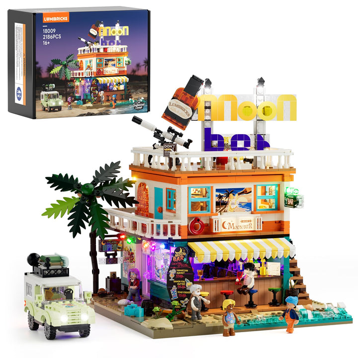 Lumibricks Road Trip Moon Bar Bausatz, 2186 Teile Küsten-Tavernen-Modell mit LED-Licht-Set, 5 Minifi