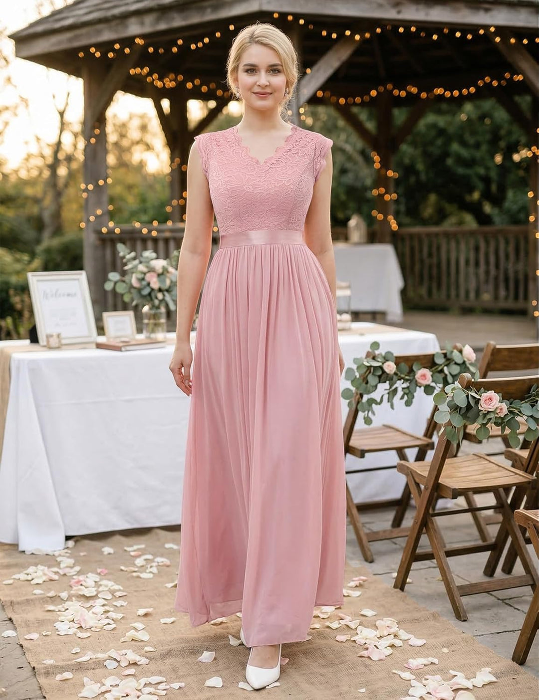 Dressystar Damen Ballkleid Maxi Lang Abendkleider Elegant für Hochzeit Spitzen Cocktailkeid L Band_b