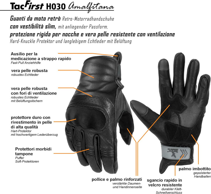 TacFirst AMALFITANA Motorrad Handschuhe Sommer aus Leder, Retro, Vintage Lederhandschuhe Damen, Herr