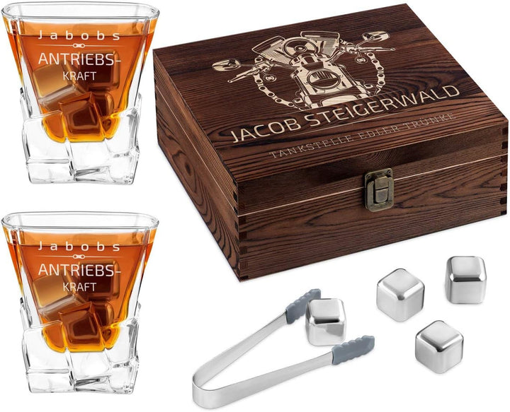 Maverton Whisky Steine Set - in Holzbox mit Gravur - 8 Eiswürfel & 2 Whisky Gläser - wiederverwendba