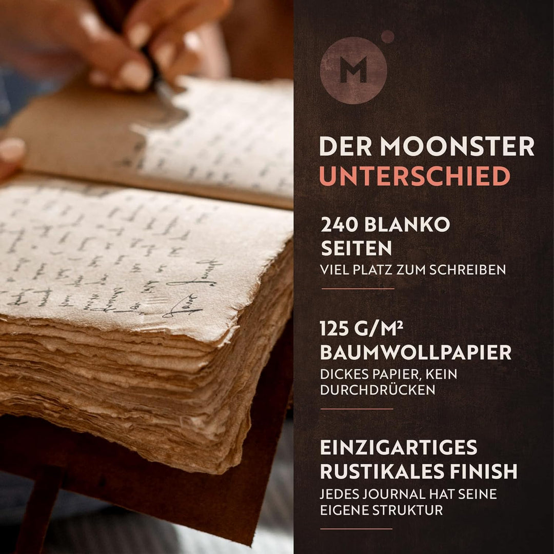 moonster Vintage Leder Notizbuch - 240 Seiten Holzfreies Baumwoll-Büttenpapier - Handgefertigtes Vin