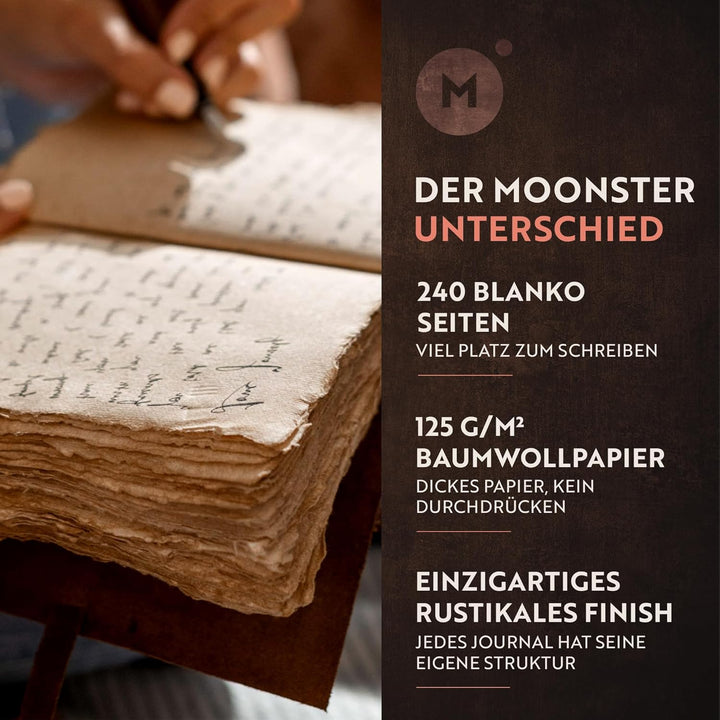 moonster Vintage Leder Notizbuch - 240 Seiten Holzfreies Baumwoll-Büttenpapier - Handgefertigtes Vin