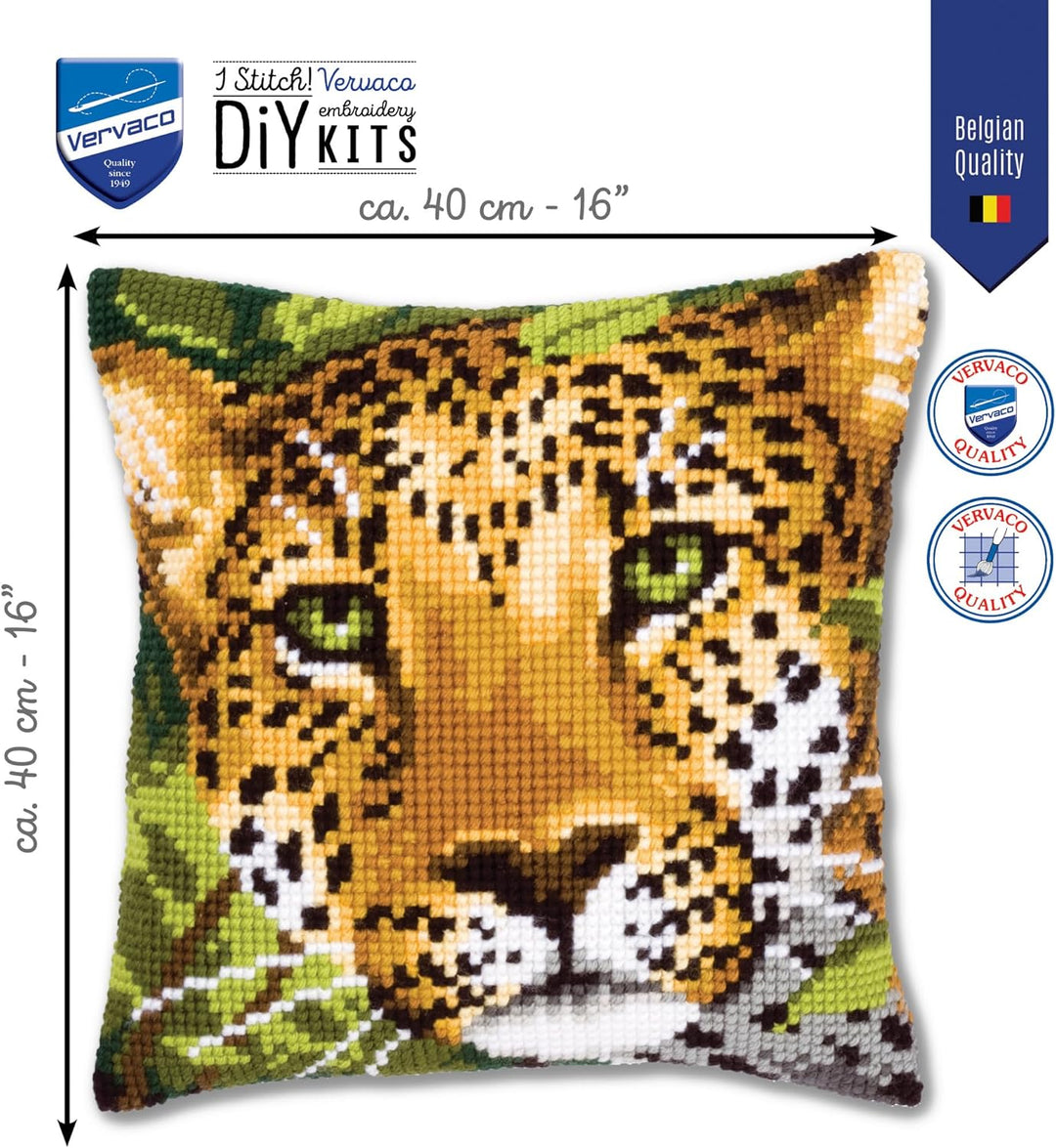 Vervaco Leopard Kreuzstichkissen/Stickkissen vorgedruckt, Baumwolle, Mehrfarbig, 40 x 40 x 0.3 cm