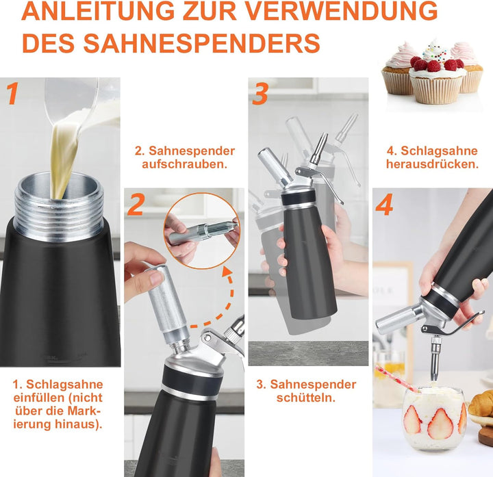Sahnespender 500 ml, Professioneller Aluminium Sahnesiphon, mit 3 Edelstahl Deko-Düsen 3 Kunststoffd