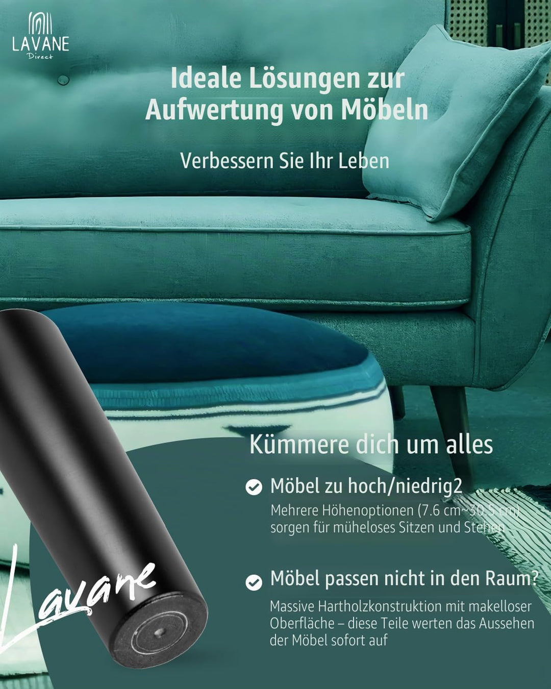 La Vane 4 Stück Möbelfüsse aus Massivholz - 12cm Höhe, Schwarz, Konisch mit M8 Gewindebolzen &amp; Monta