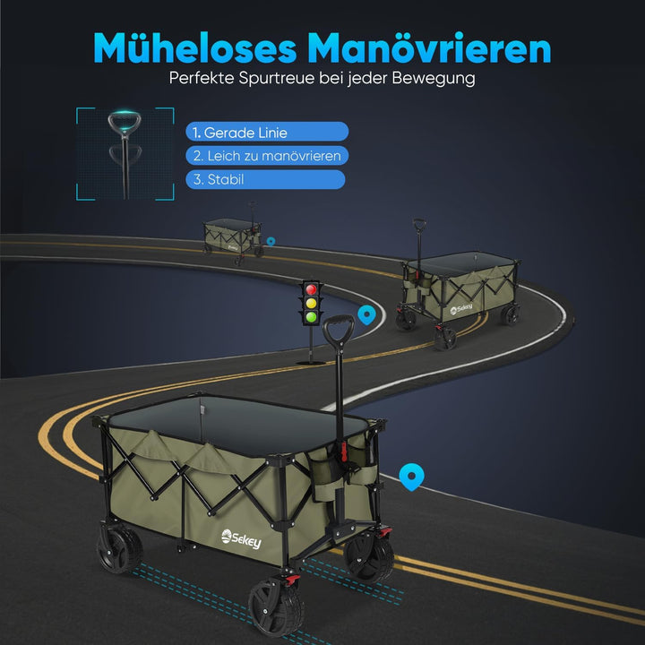 Sekey XXL Plus Bollerwagen Faltbar mit Bremsen 200L 200KG Belastbar, Extra Breite Reifen All Terrain