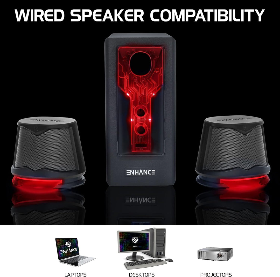 ENHANCE SB 2.1 Computerlautsprecher mit Subwoofer – Rot LED-Gaming-Lautsprecher, High-Excursion-Soun
