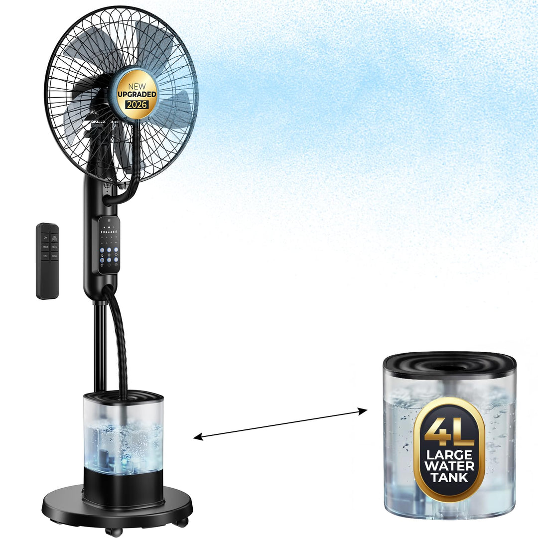 NebulaFlow Ventilator mit Nebel, 2026 Upgrade 4L Wassertank Standventilator, 7,5H Timer, 5 Geschw&3