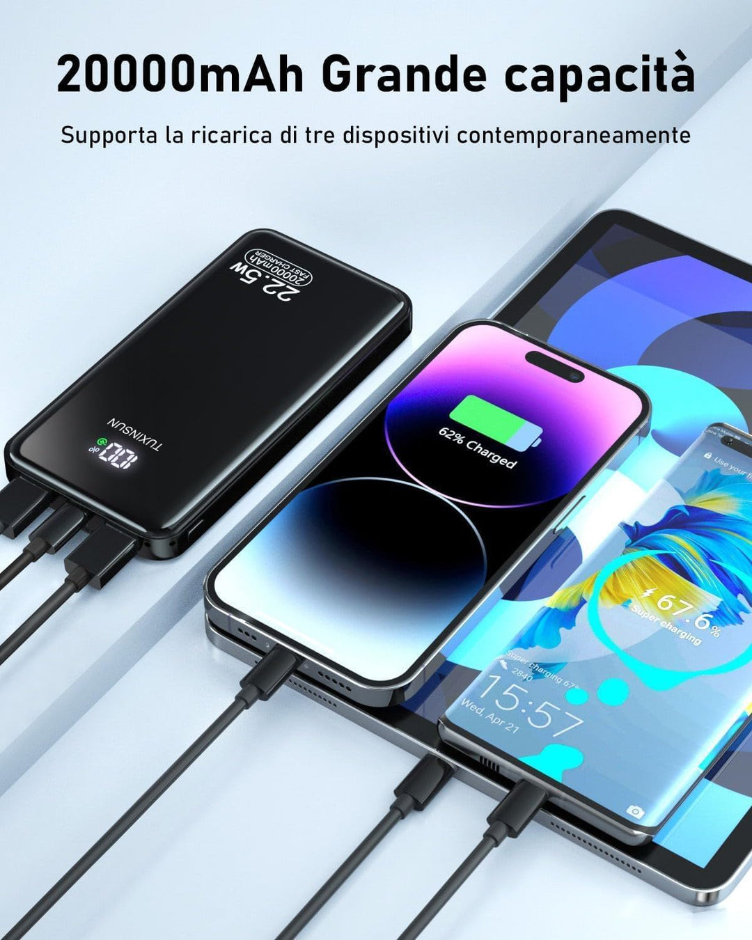 Power Bank 20000 mAh 22.5 W PD3.0 QC4.0 Externer Handyakku PD20W Schnellladen Powerbank mit LCD-Disp