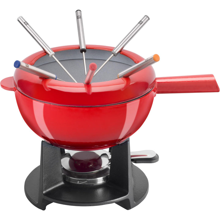 Zwilling Cherry Emaille Gusseisen Pfanne Schweizer Fondue Set für geschmolzenen Käse 6 Edelstahl Gab