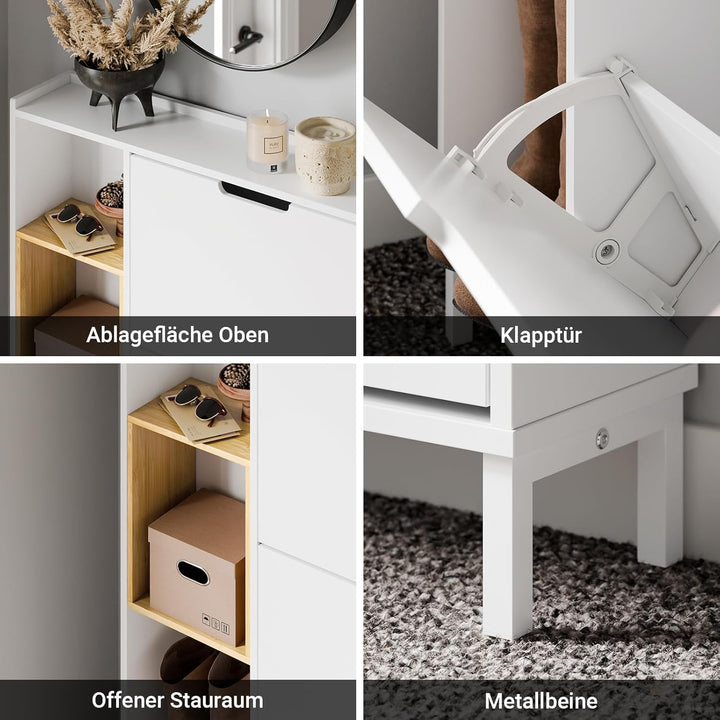 SoBuy Schuhschrank Schmal Weiss Bambus – Kompakter Schuhkipper mit 3 Klappen, Offenem Holzrahmen, Pl