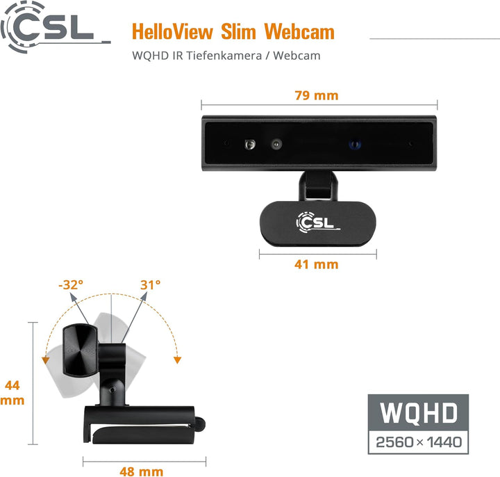 Windows Hello Kamera - CSL HelloView Slim RGB-Webcam, Infrarot-Tiefenkamera, 2560x1440@30Hz, integri
