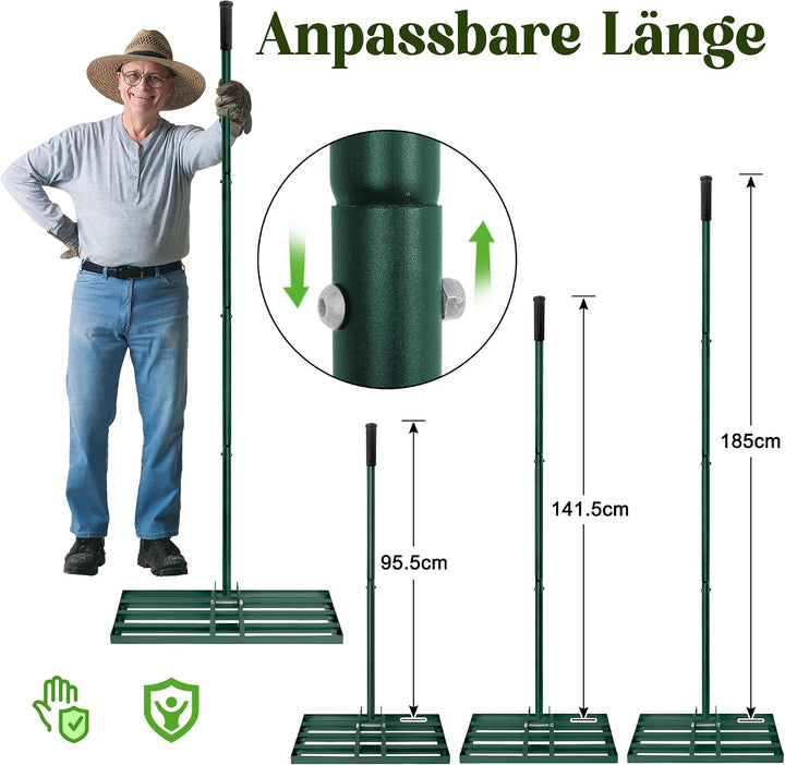 Lawn Leveling Rake Rakel 75x25 cm Grün, Verstellbarer Nivellierrechen 95,5–185 cm mit Edelstahl-Grif