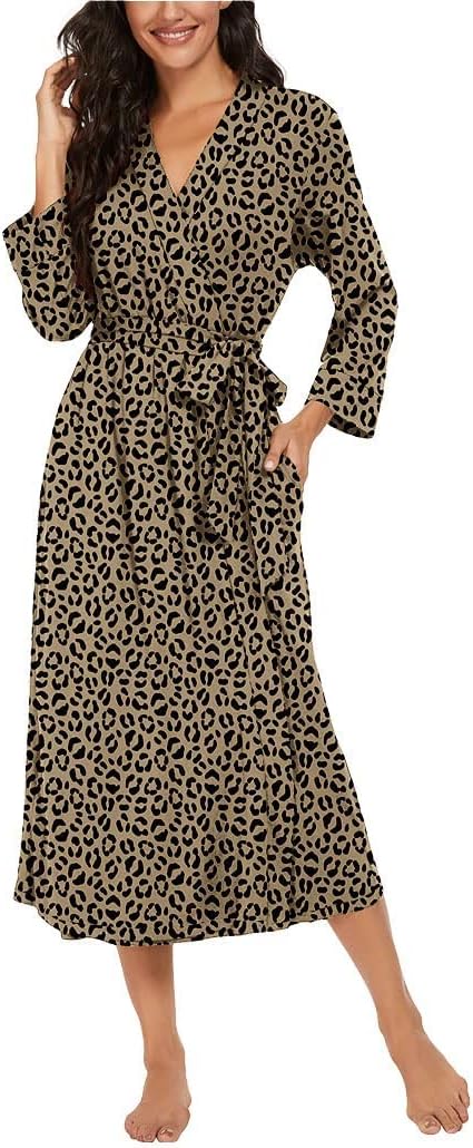 PrinStory Damen Bademantel Leichter 3/4 Ärmeln Morgenmantel V-Ausschnitt Kimono Roben Langes Nachtwä