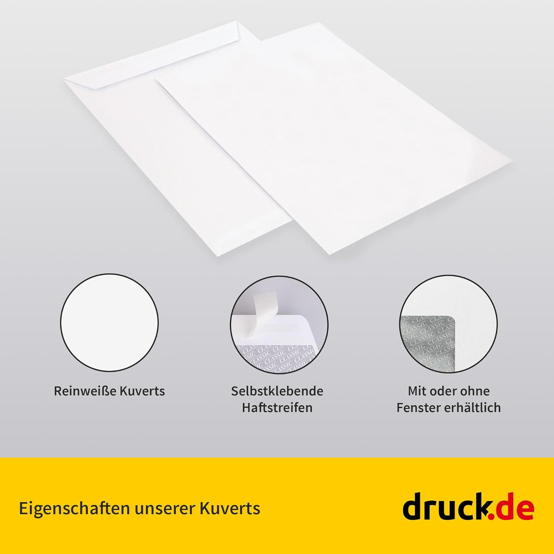 250 Stk Briefumschläge, C4 Tasche ohne Fenster, 324x229mm, weisse business Papierumschläge, selbstkl