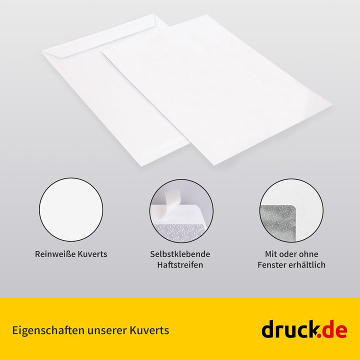 250 Stk Briefumschläge, C4 Tasche ohne Fenster, 324x229mm, weisse business Papierumschläge, selbstkl