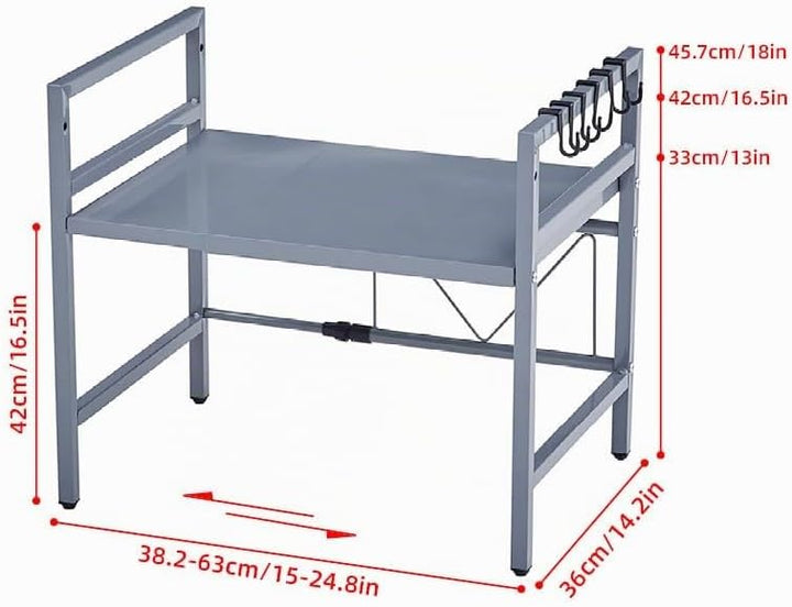 Ausziehbares Mikrowellenregal mit 6 Haken, Thekenregal für Mikrowelle, Küchenregal (Grau/2 Ebenen) G