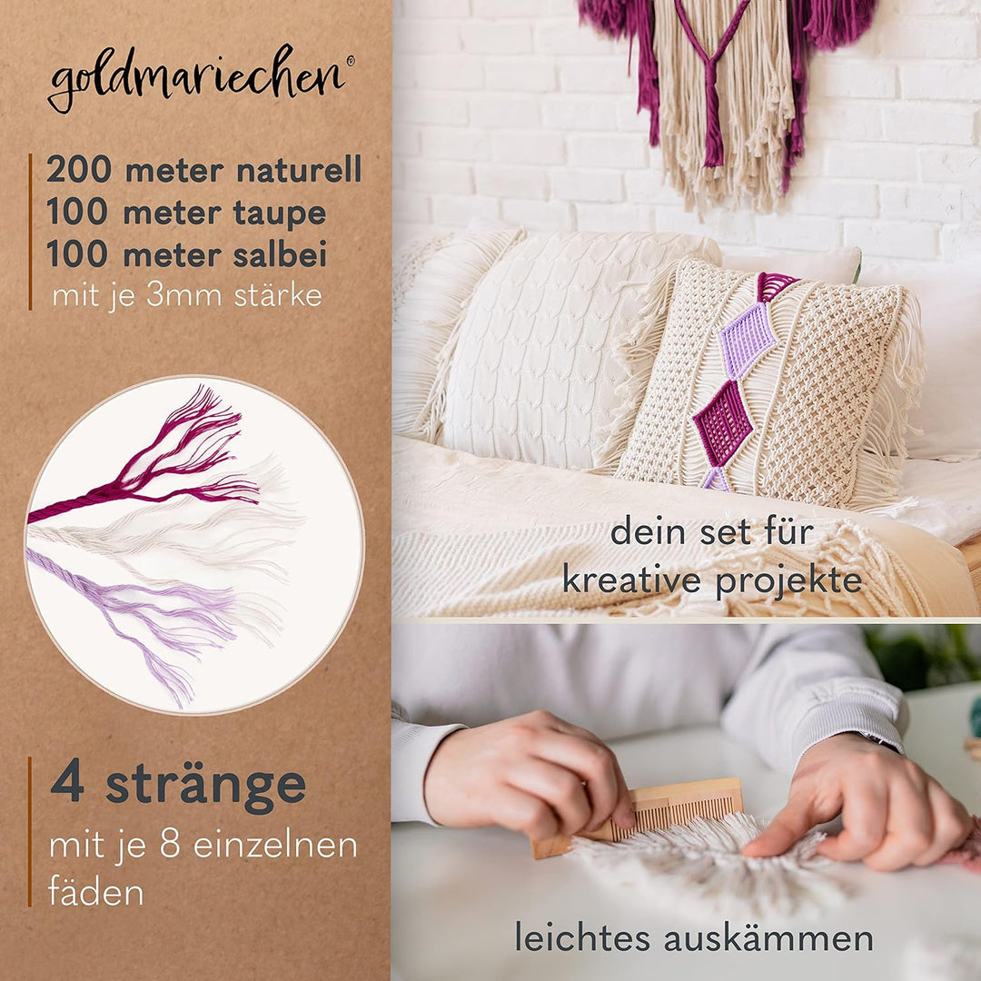 goldmariechen Premium Makramee Garn 3er Set (Naturell, Beere, Lavendel) | 3mm | 100% Baumwolle | pla